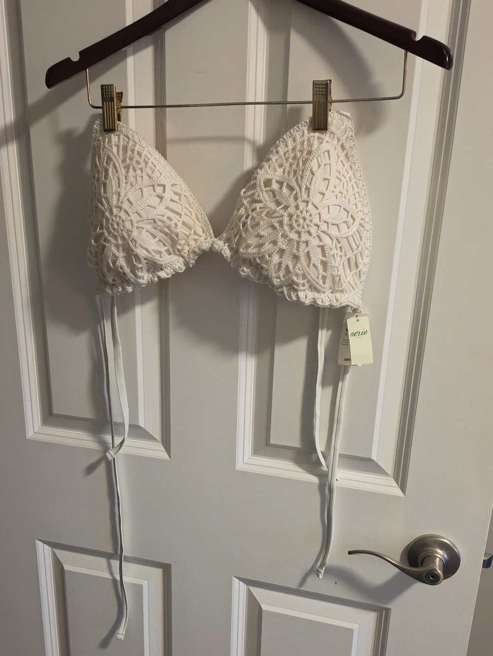 Aerie Crochet Triangle Bikini Top Floral Bikini Top in White & Orange Size XS